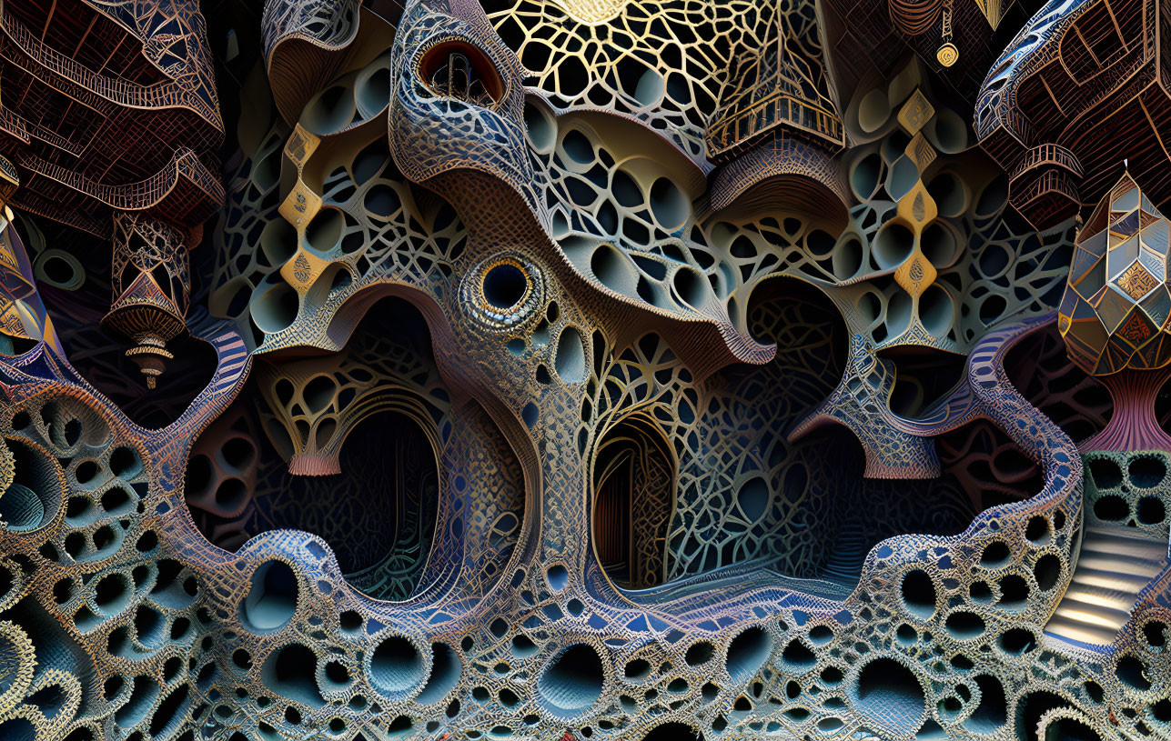 Fractal-generated abstract landscape with intricate sponge-like patterns