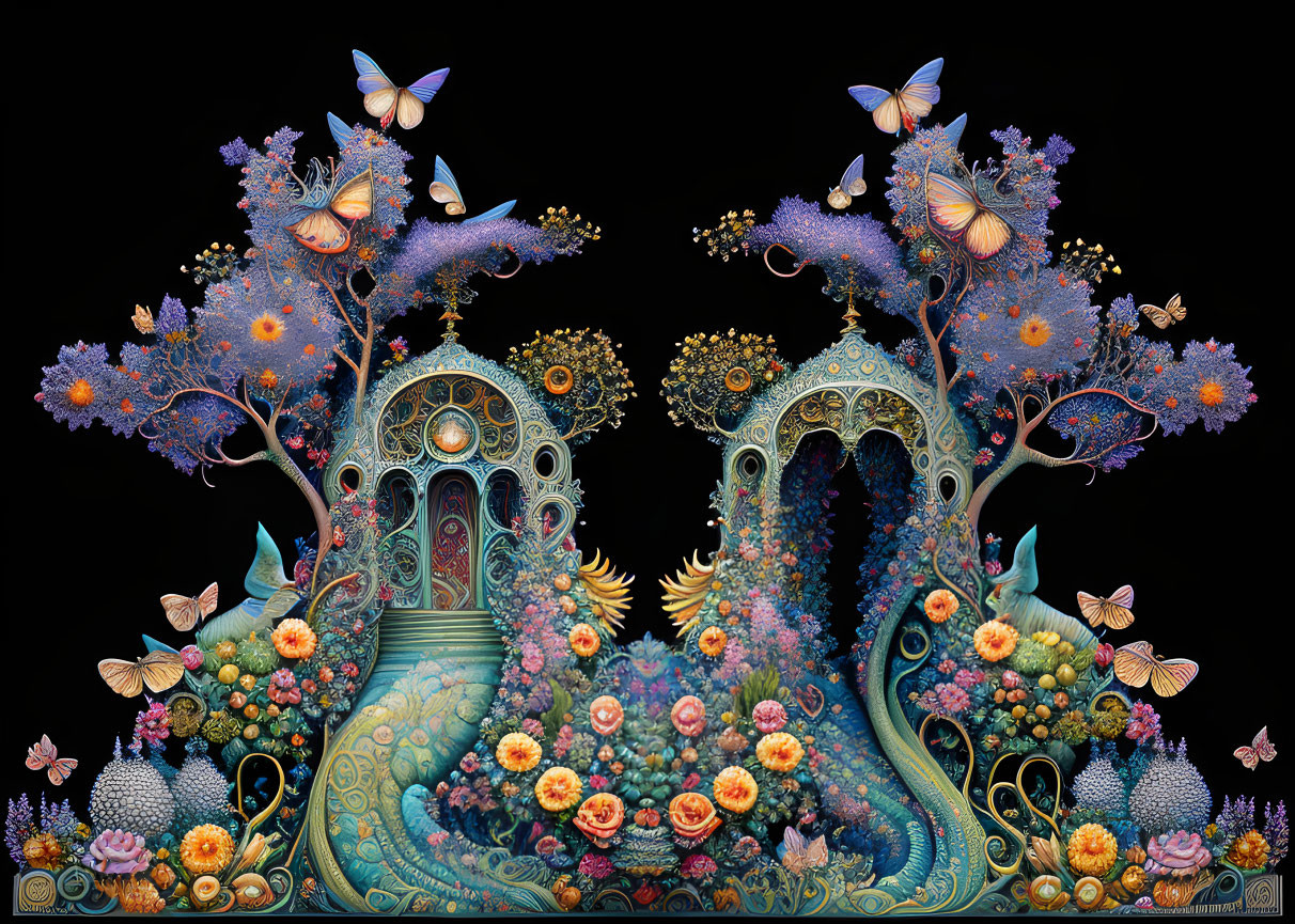 Symmetrical surreal artwork: ornate structure, floral & peacock motifs, butterflies, black background