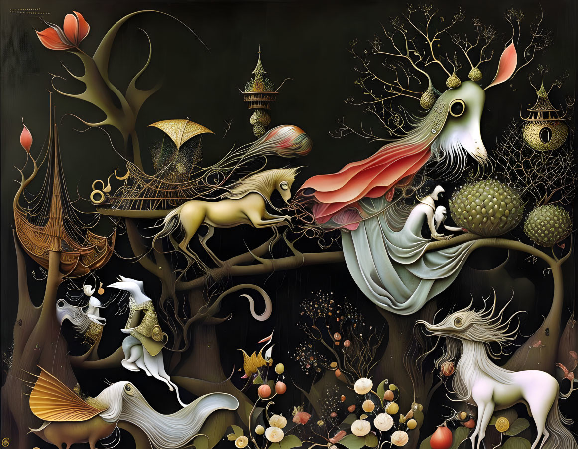 Whimsical creatures and ornate trees in surreal fantasy art