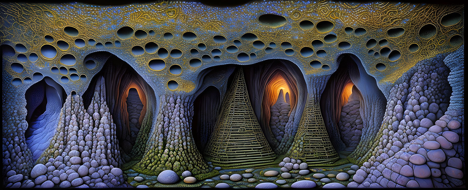 Fractal Patterns in Fantasy Landscape with Arched Entrances