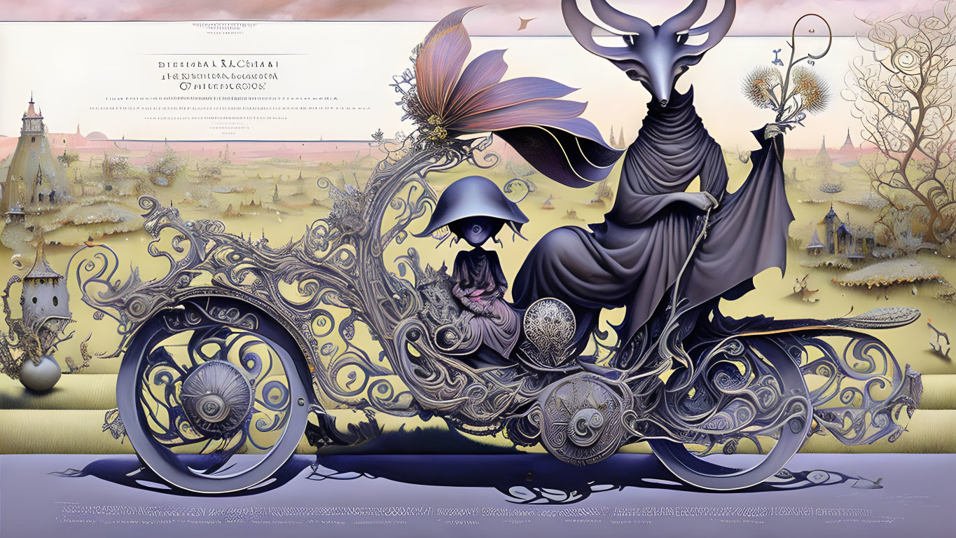 Detailed fantastical artwork: whimsical vehicle, ornate designs, mythical creatures, ethereal landscape