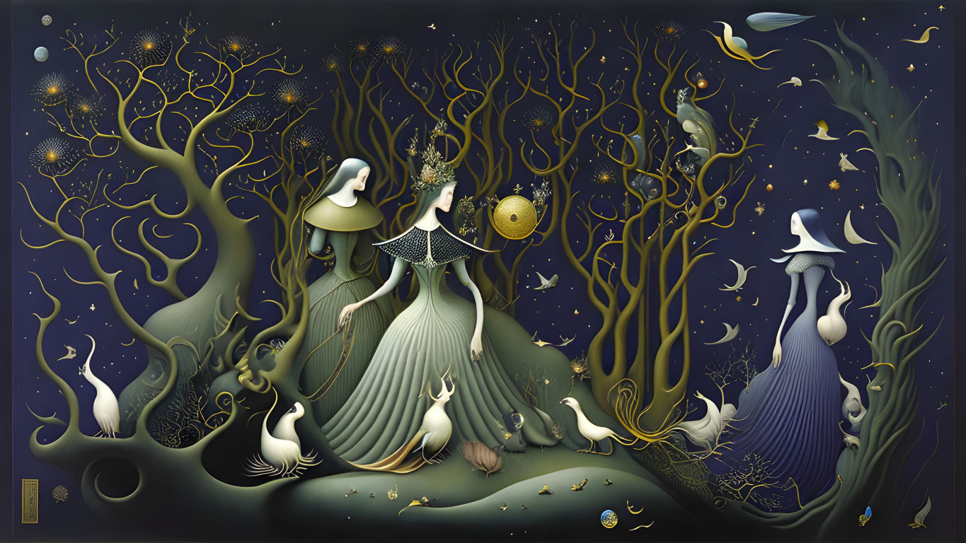 Elegant figures in gowns in an ethereal forest with cosmic motifs