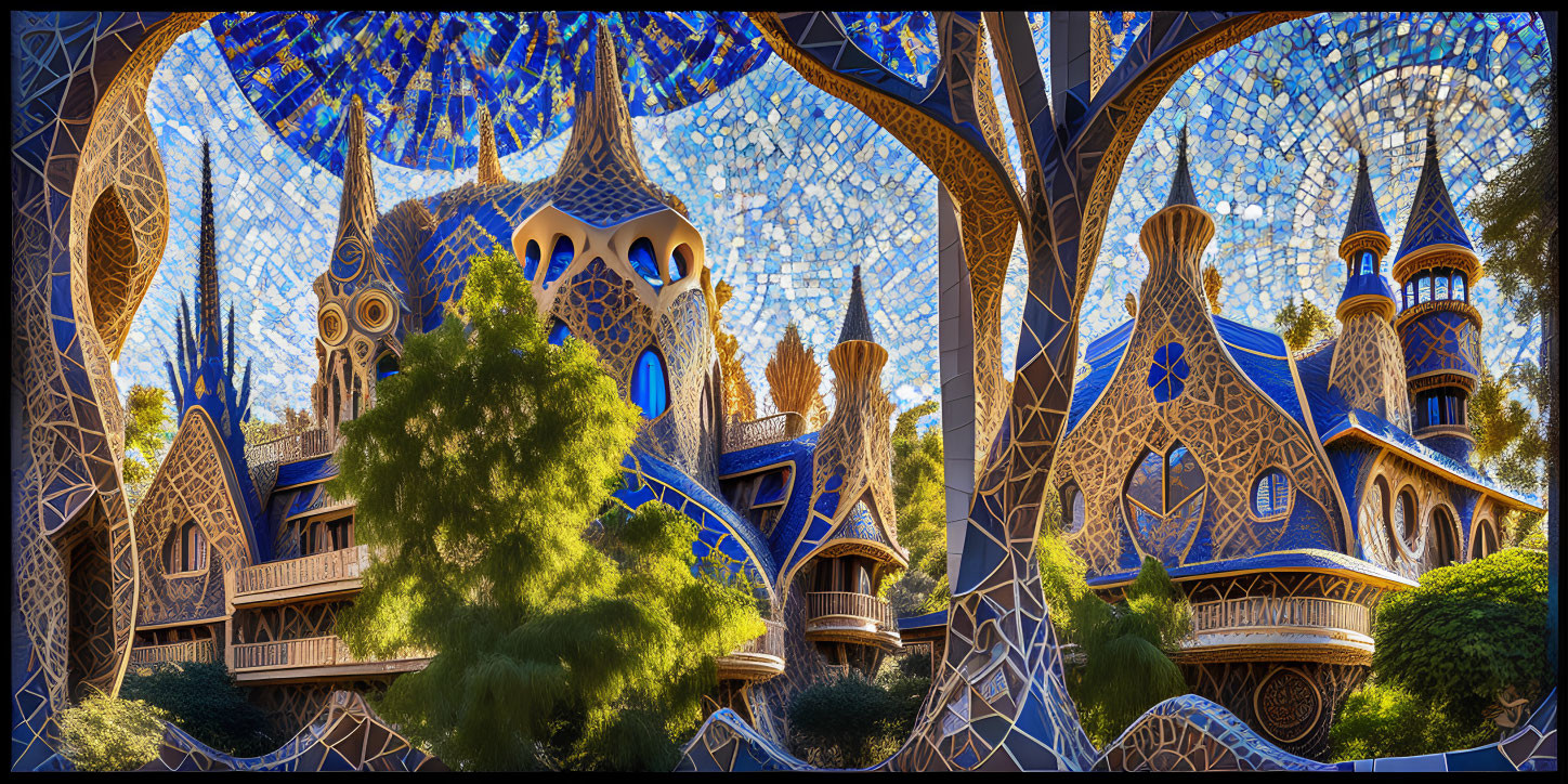 Whimsical mosaic-tiled building with blue accents and spiraled turrets in lush greenery