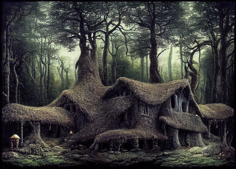 Enchanted Forest with Overgrown Cottage and Ancient Trees