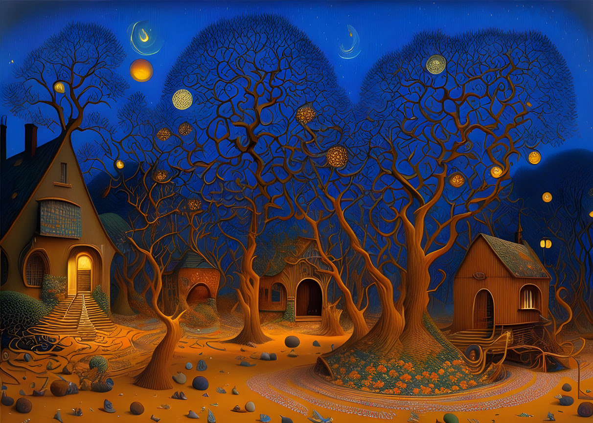 Whimsical tree houses in a nocturnal fantasy landscape