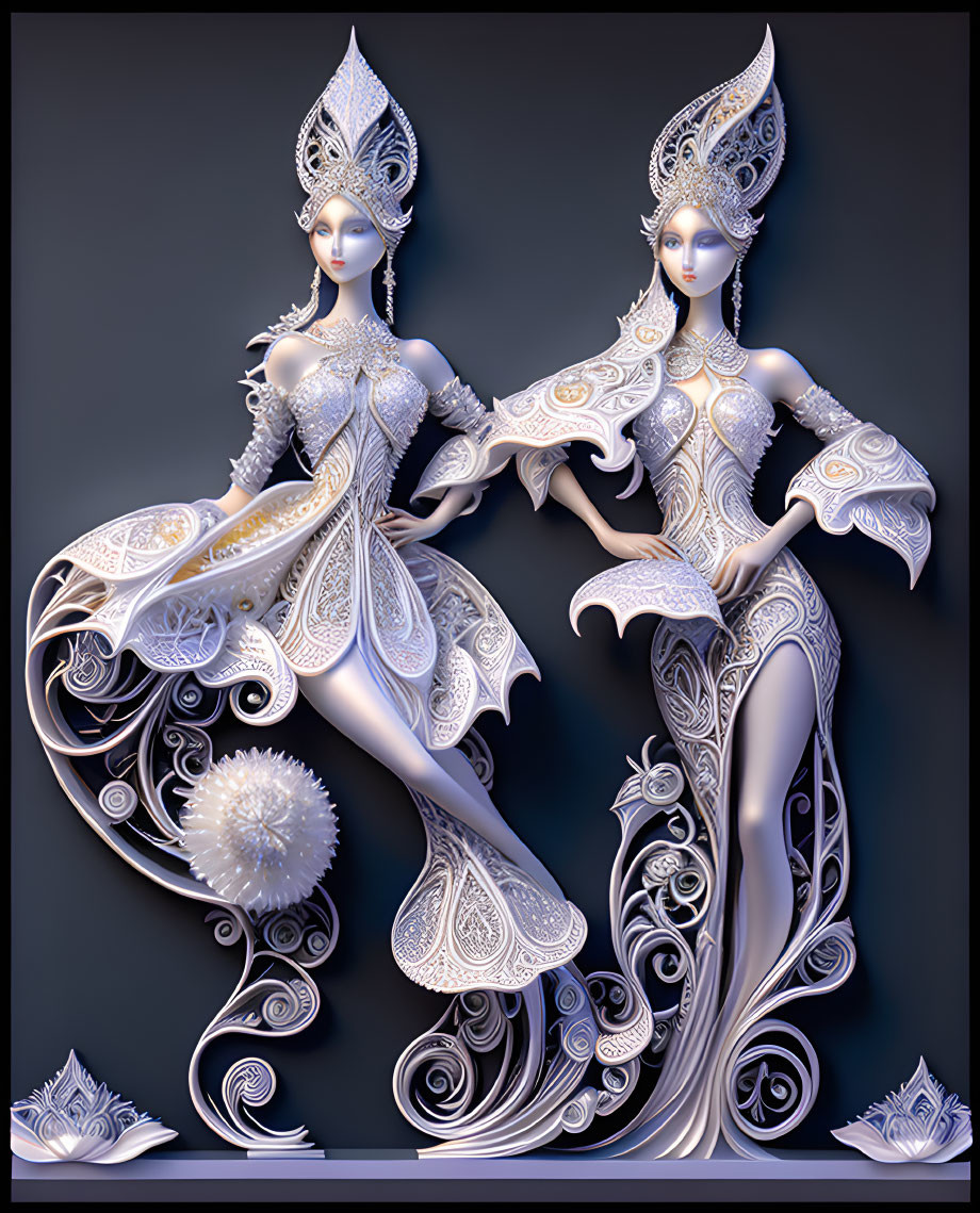 Symmetrical female figures in elaborate white and silver costumes on dark background