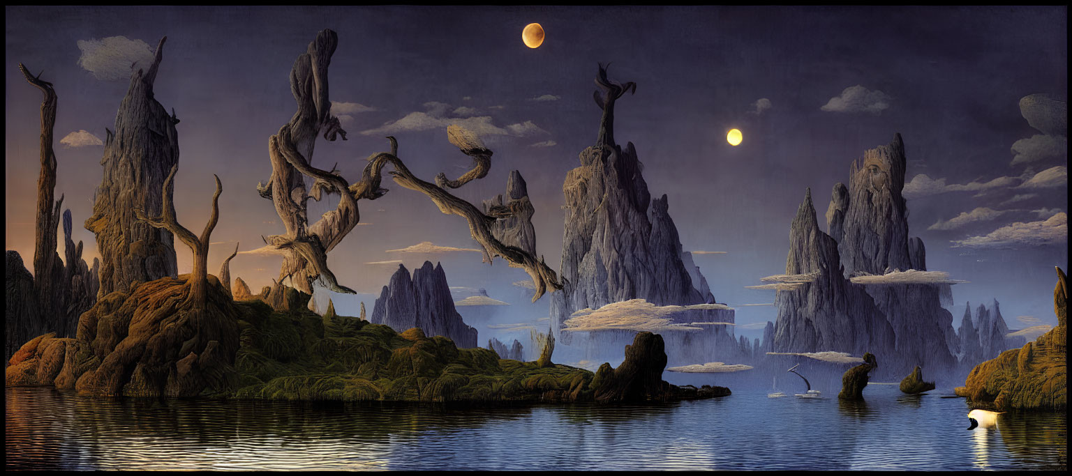 Fantastical landscape with towering rock formations and two moons in the sky