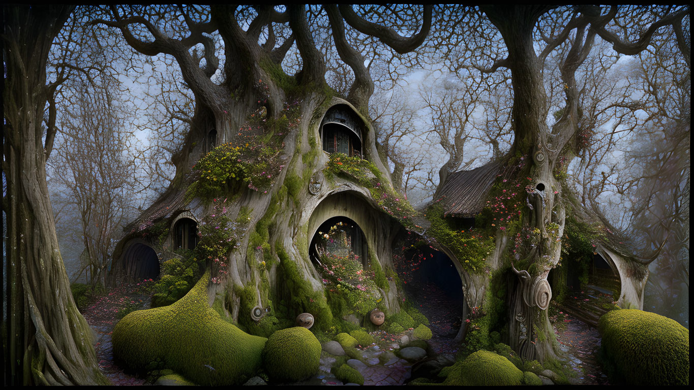 Enchanting forest scene with gnarled trees and cozy dwellings