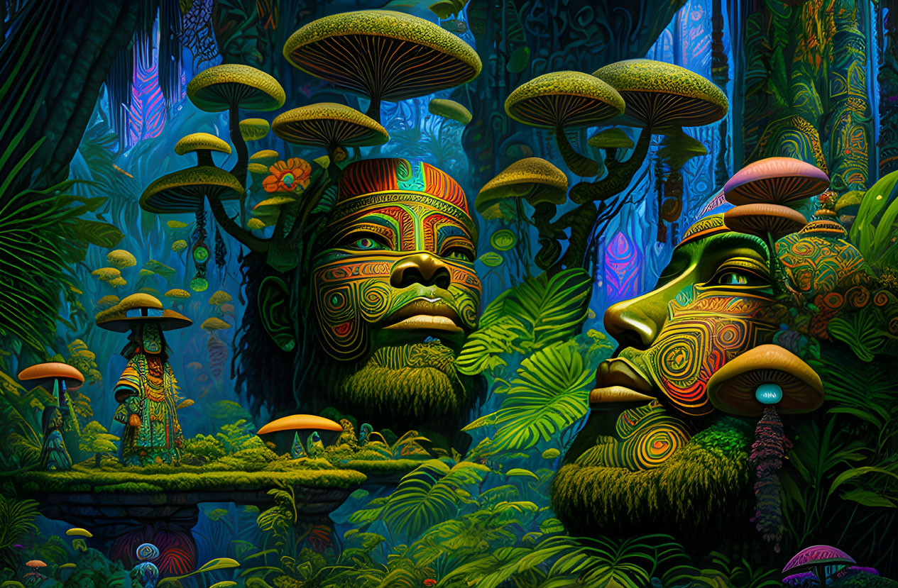 Colorful Psychedelic Illustration: Stylized Faces in Exotic Forest