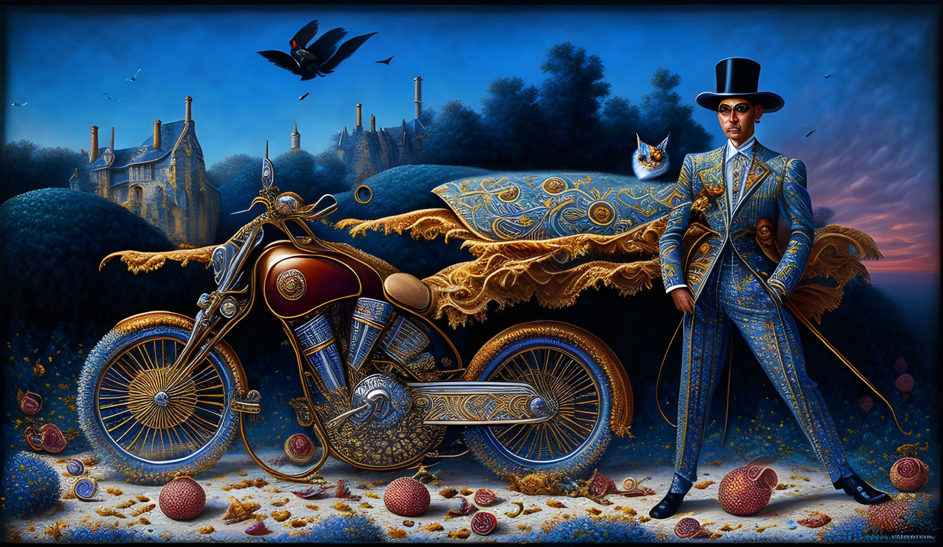 Elegantly dressed man with cat on gold-decorated motorcycle in surreal landscape