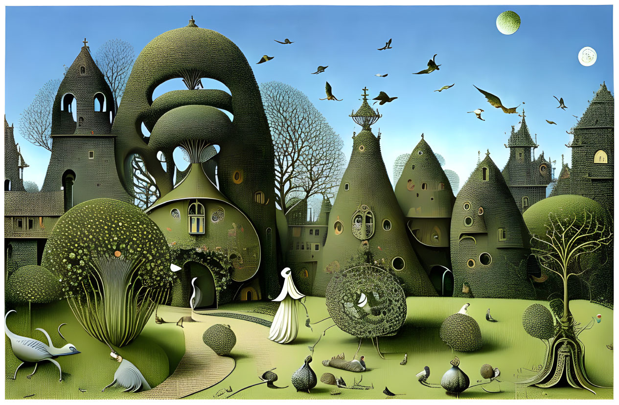 Whimsical surreal landscape with organic shapes and fantastical elements