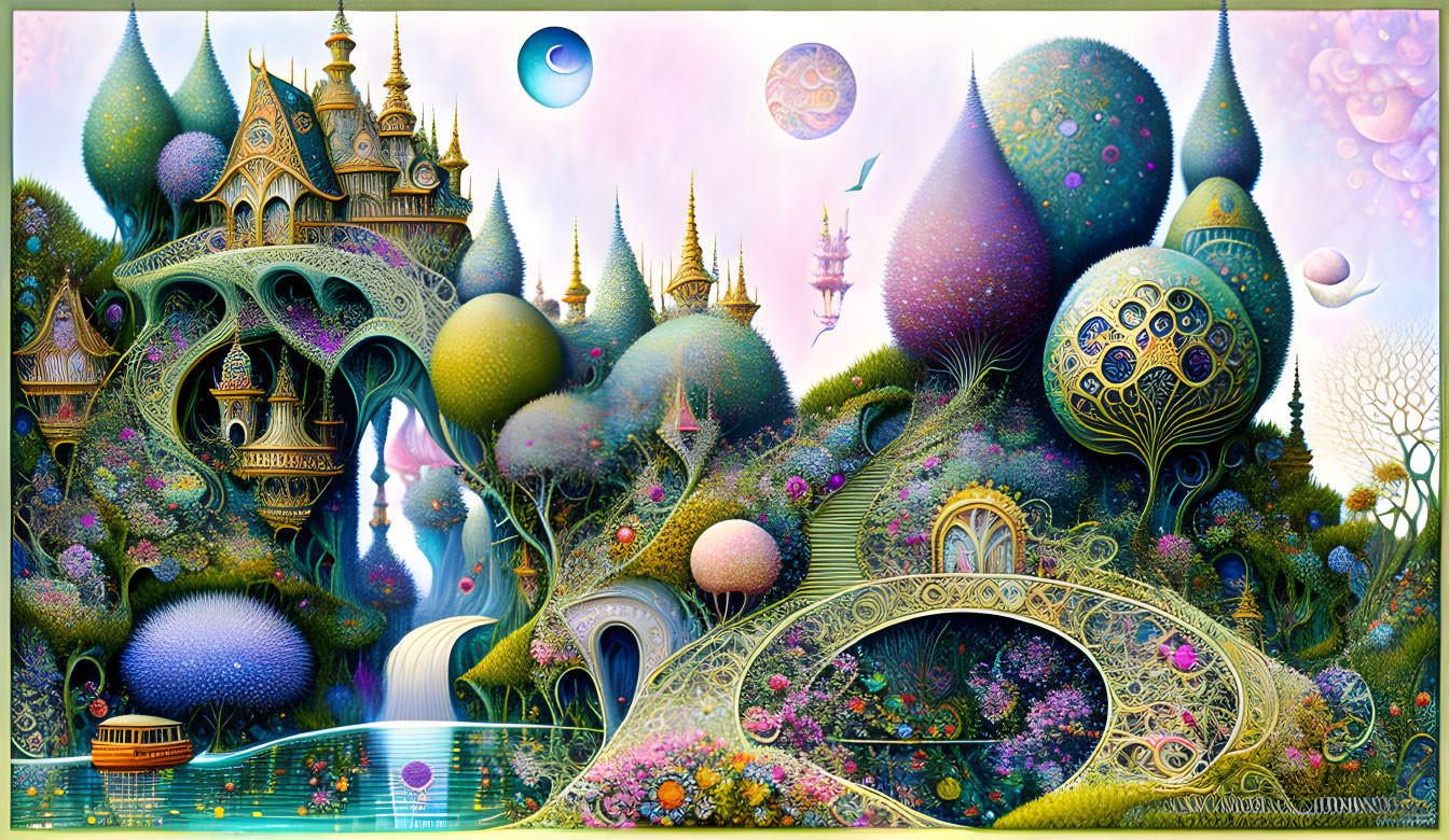 Fantasy landscape with onion-domed structures, waterfalls, boat, and celestial sky