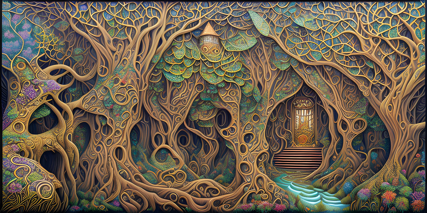 Fantastical forest scene with ornate door and intricate details