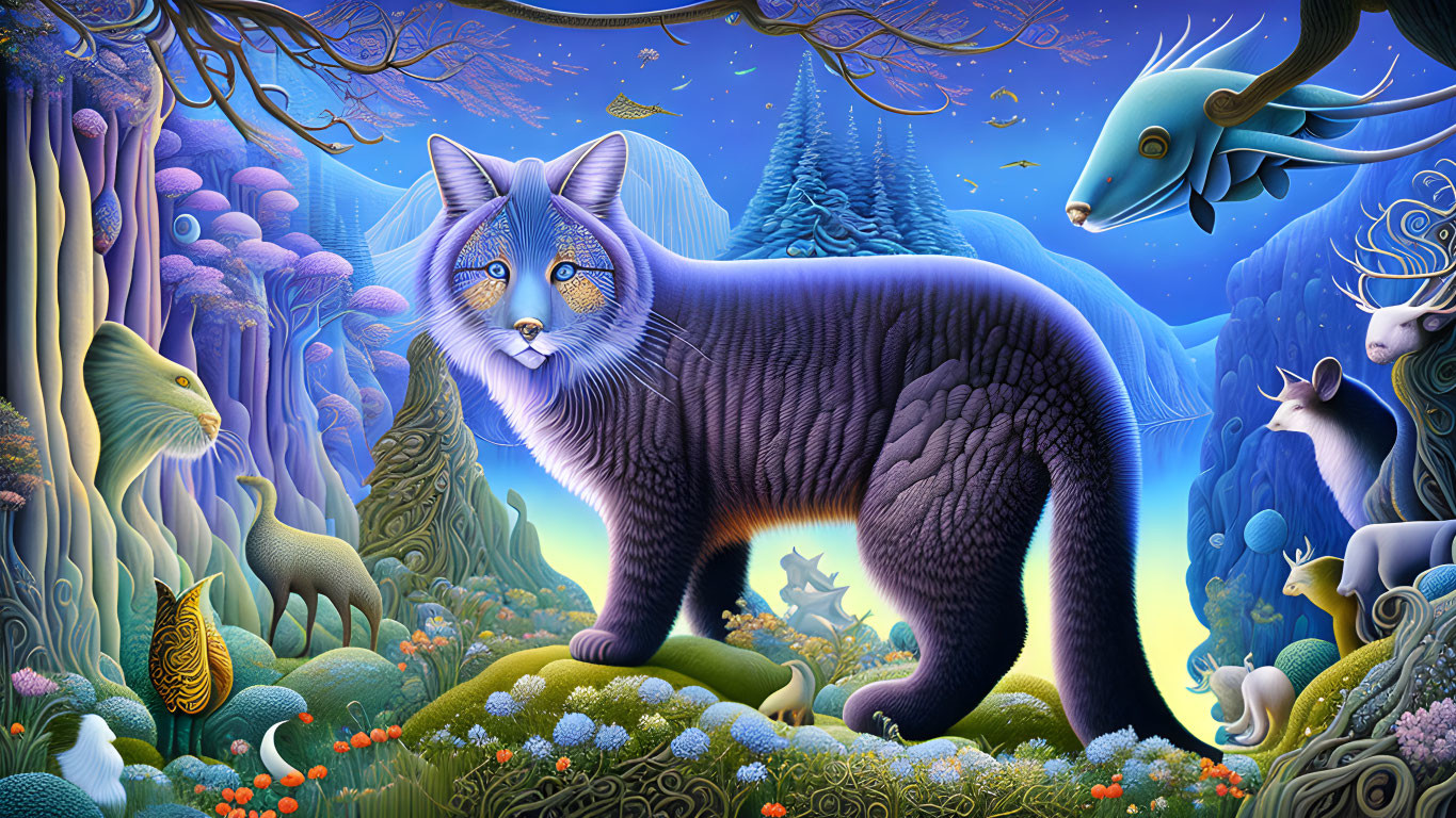 Fantastical landscape with blue cat and whimsical creatures