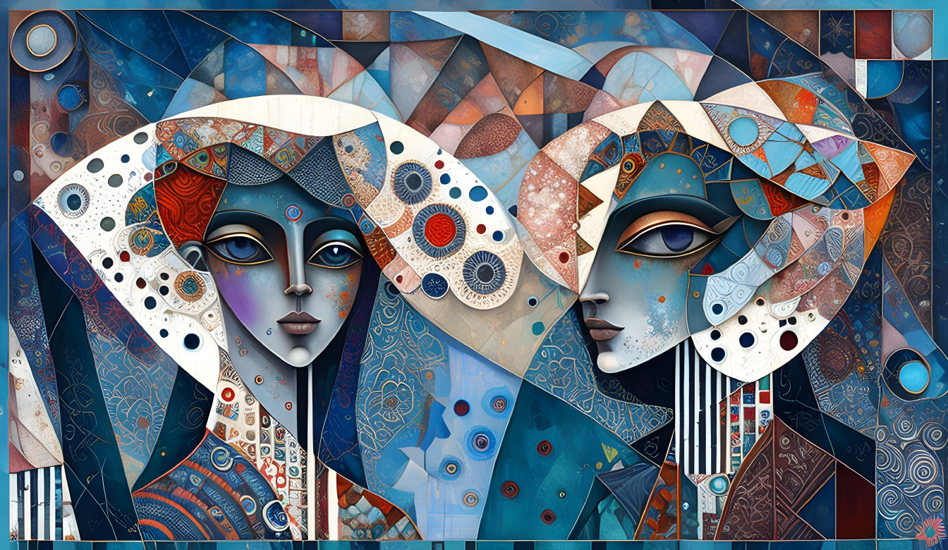 Vibrant Cubist Painting of Two Stylized Female Faces