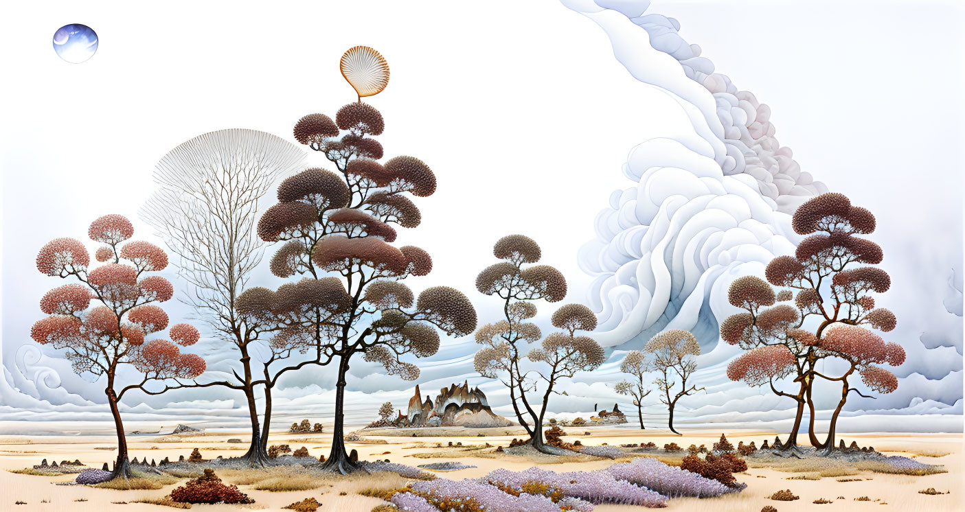 Surreal landscape with stylized trees, undulating clouds, and a castle in vibrant earth tones