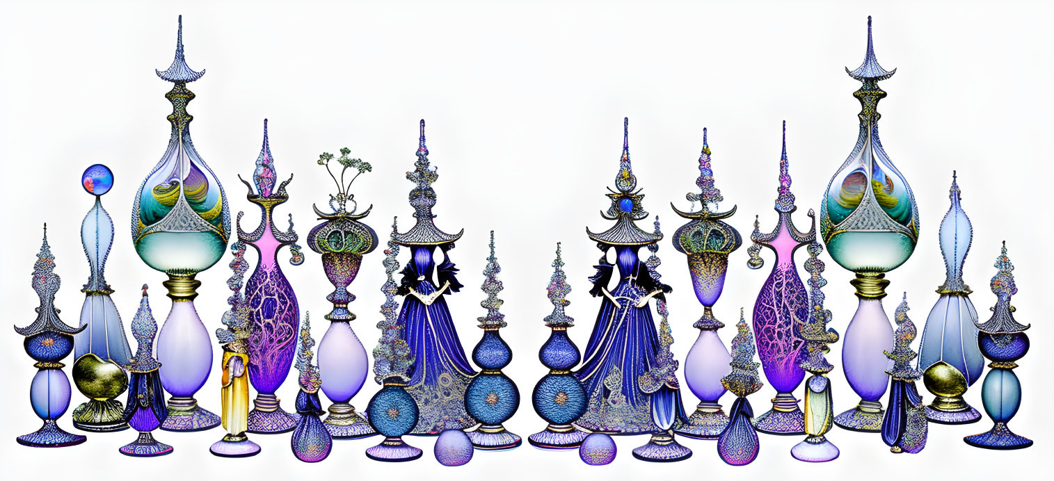 Colorful Ornate Bottles and Decanters with Peacock Motifs