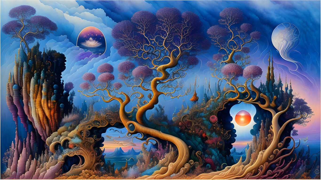 Fantastical landscape with stylized trees and swirling patterns