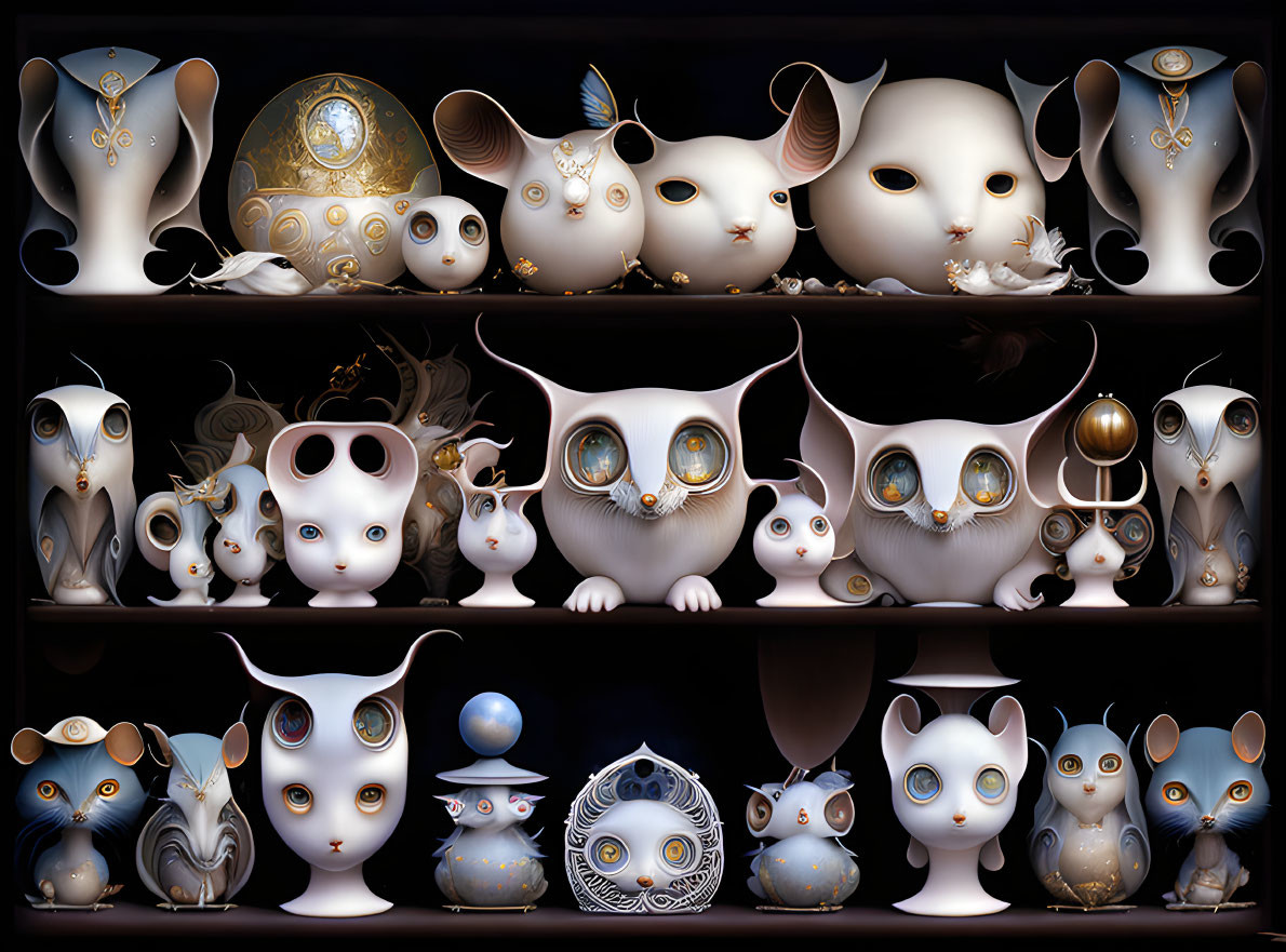 Whimsical steampunk cat fantasy creatures on display shelves