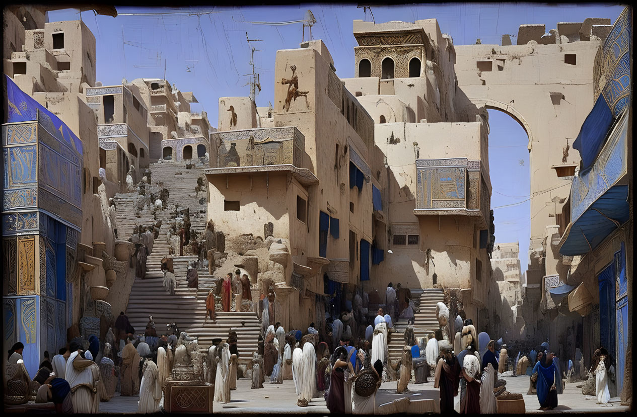 Ancient desert town with adobe buildings, stairs, and traditional attire market scene.