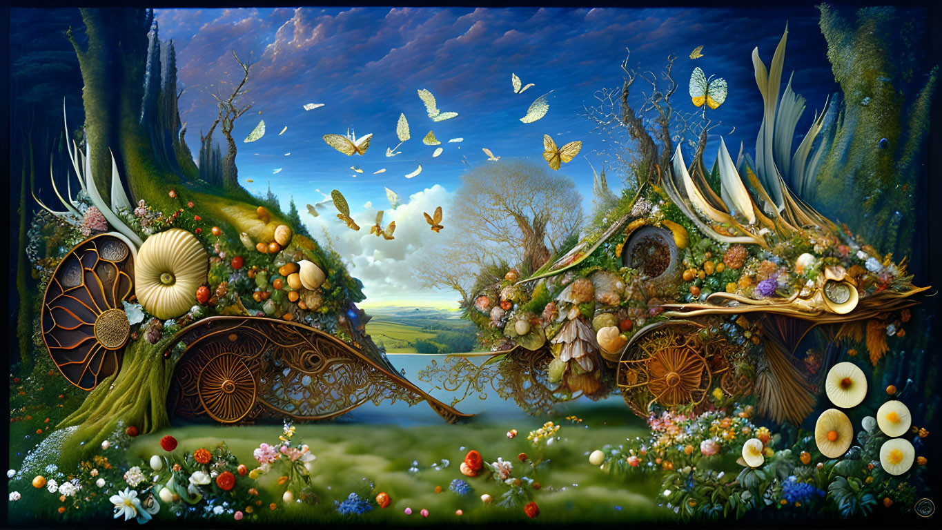 Fantasy landscape with log houses, flowers, butterflies, and vibrant sky