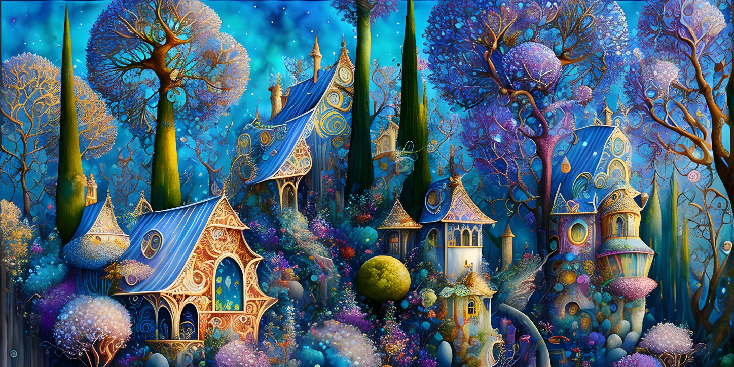 Fantastical forest with glowing flora and whimsical treehouses