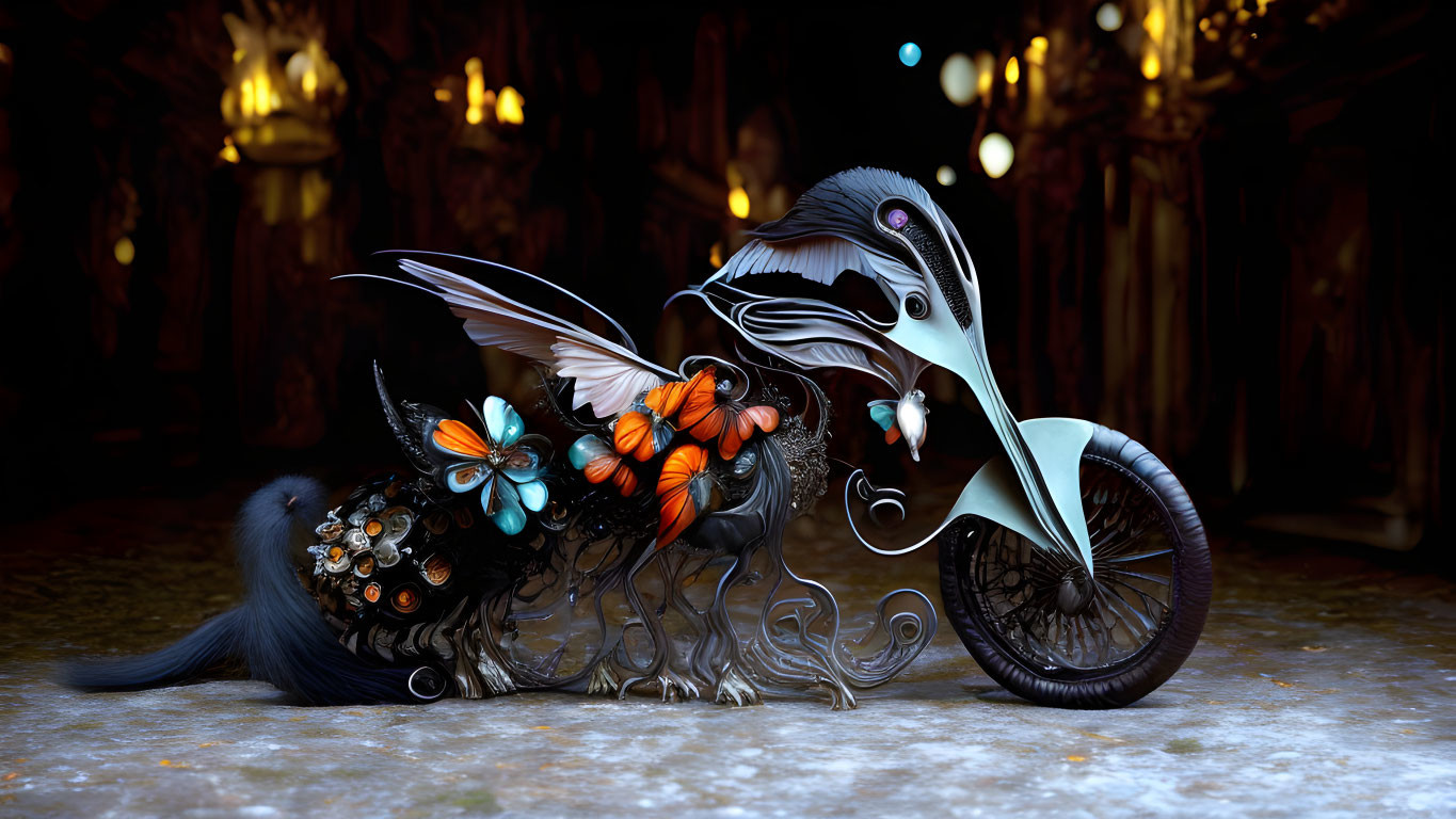 Fantastical creature blending peacock and motorcycle features in dimly lit cave.