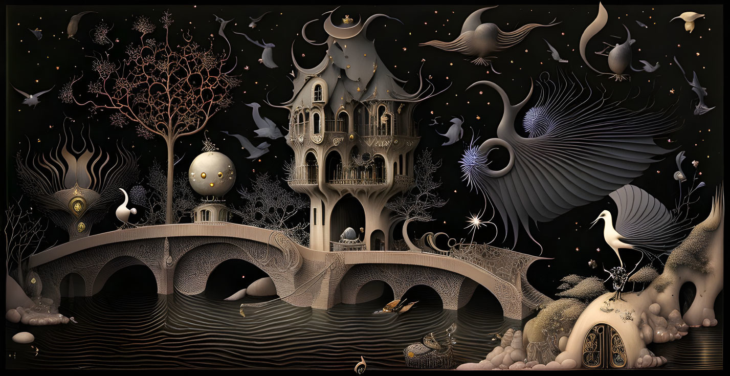 Whimsical fantasy night landscape with castle, bridge, birds, stars, tree, and surreal elements