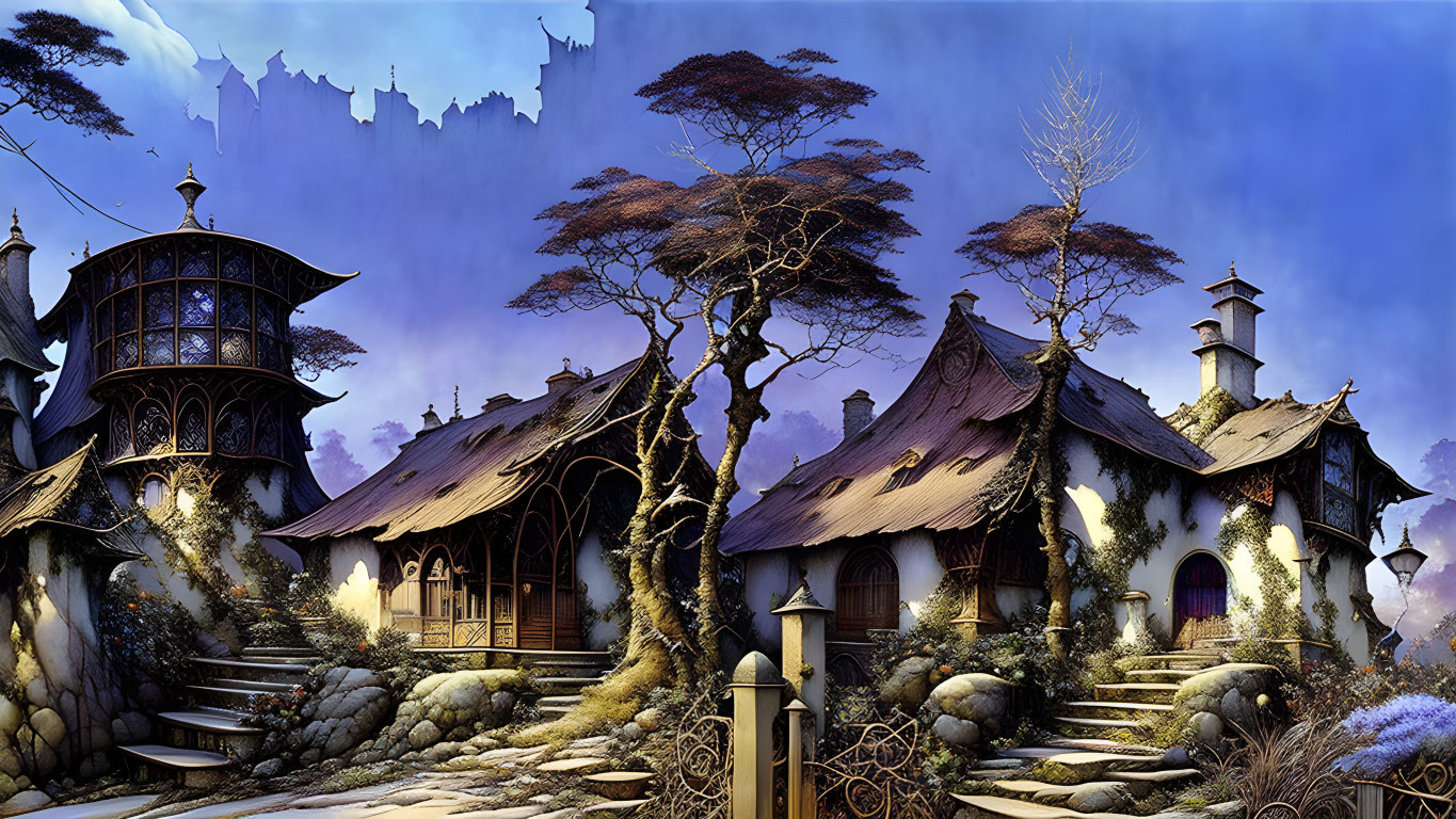 Whimsical village with cobblestone paths and towering trees at twilight