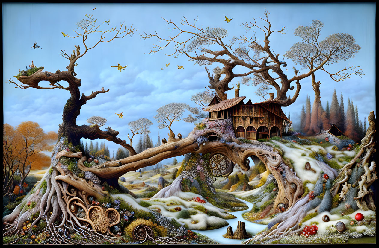 Twisted trees, wooden house, streams, birds, vibrant flora in surreal landscape