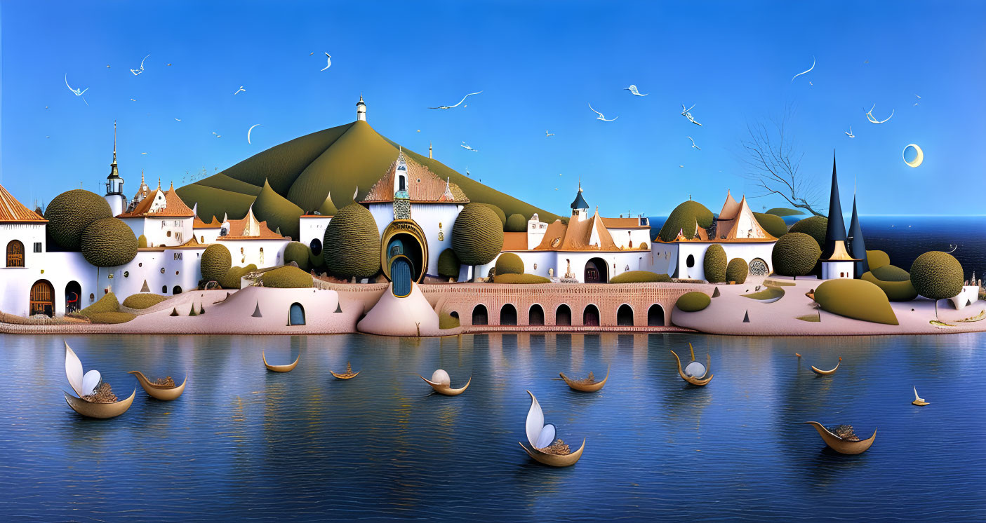 Whimsical landscape with rolling hills, white buildings, leaf-shaped boats on calm waters