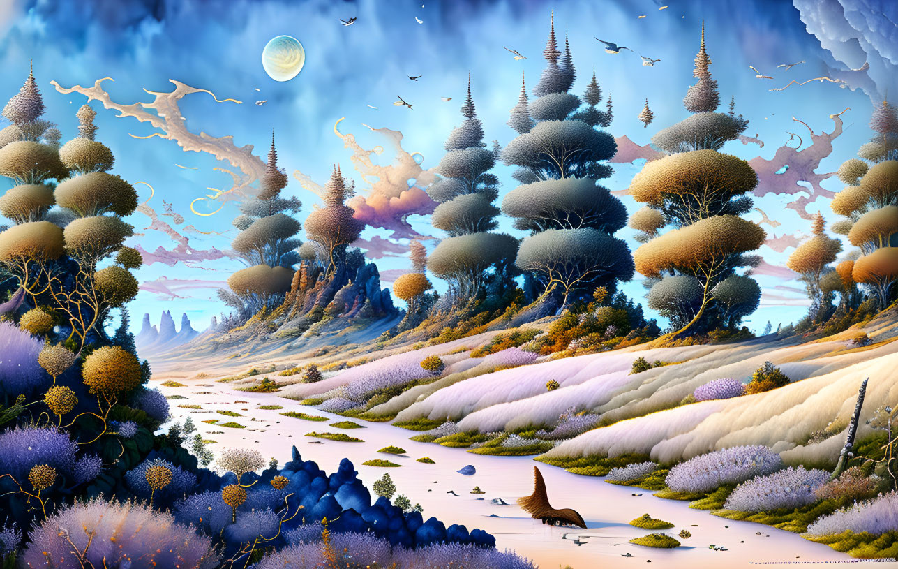 Colorful surreal landscape with fluffy trees, purple hills, birds, and a pale moon