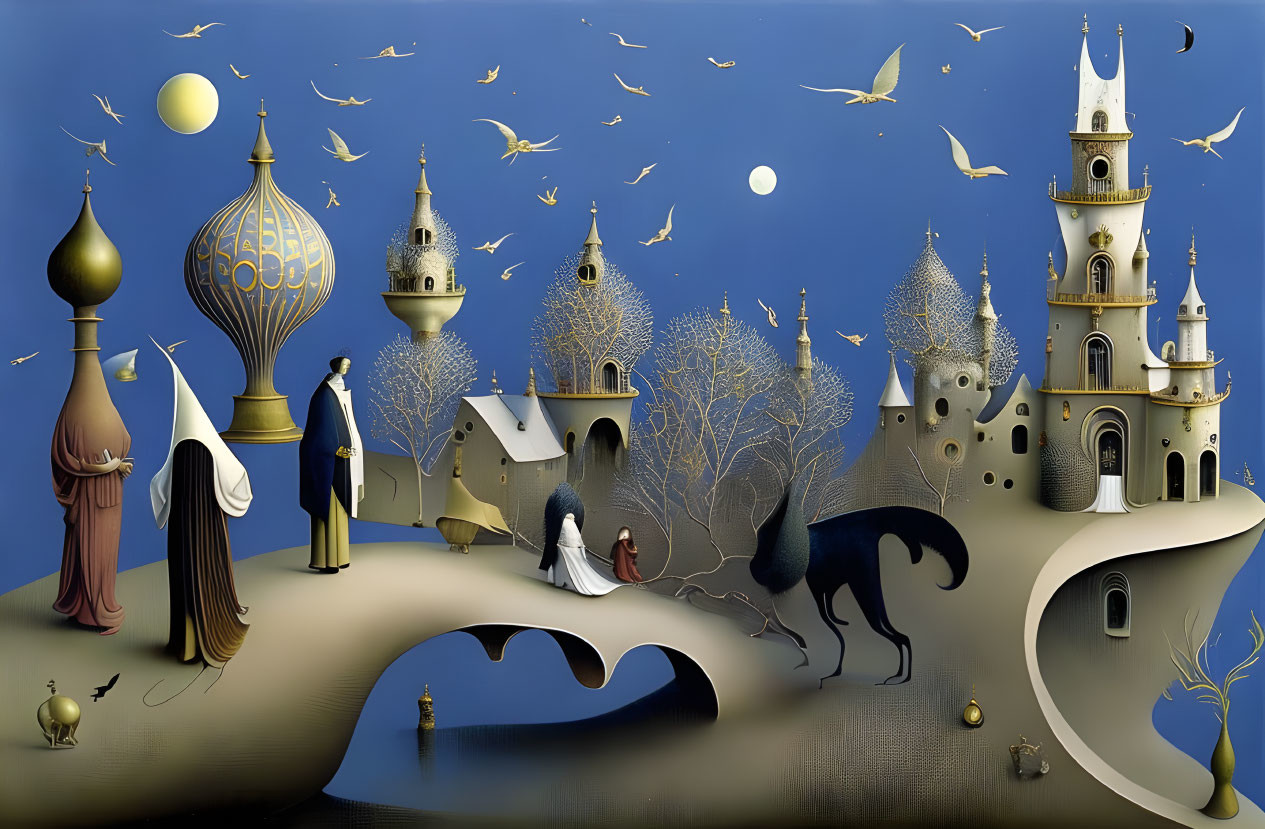 Ornate towers, robed figures, horse, birds, and two moons in surreal landscape