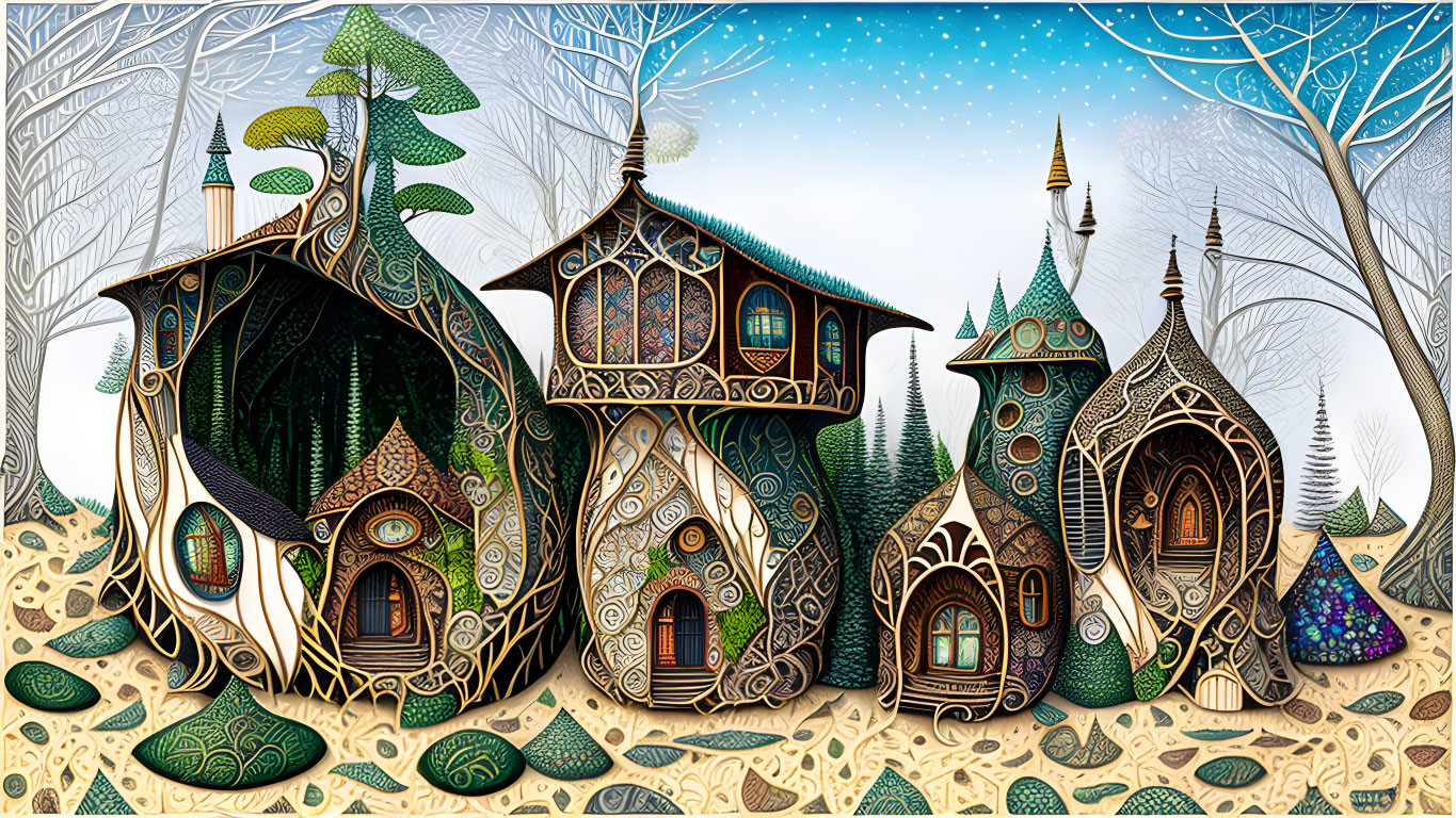 Whimsical Fantasy Landscape with Ornate Houses and Starry Sky