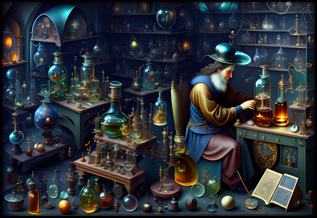 Traditional robed alchemist studies flask in dimly lit room with mystical orbs and ancient tomes