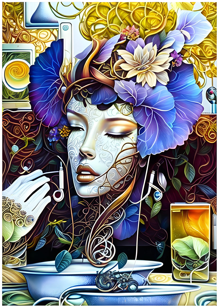 Colorful digital art featuring woman with floral and ornate patterns