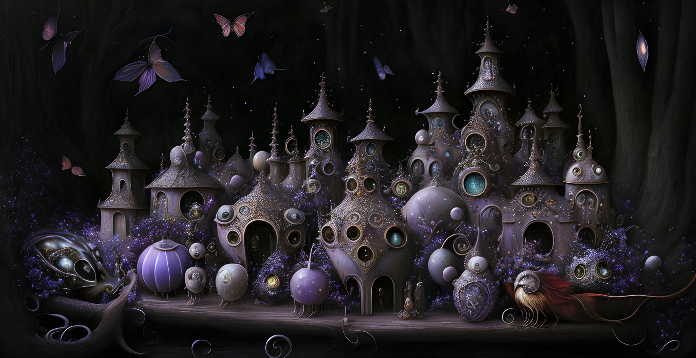 Fantasy illustration of mystical castle with spires, orbs, butterflies in enchanted, starry atmosphere.