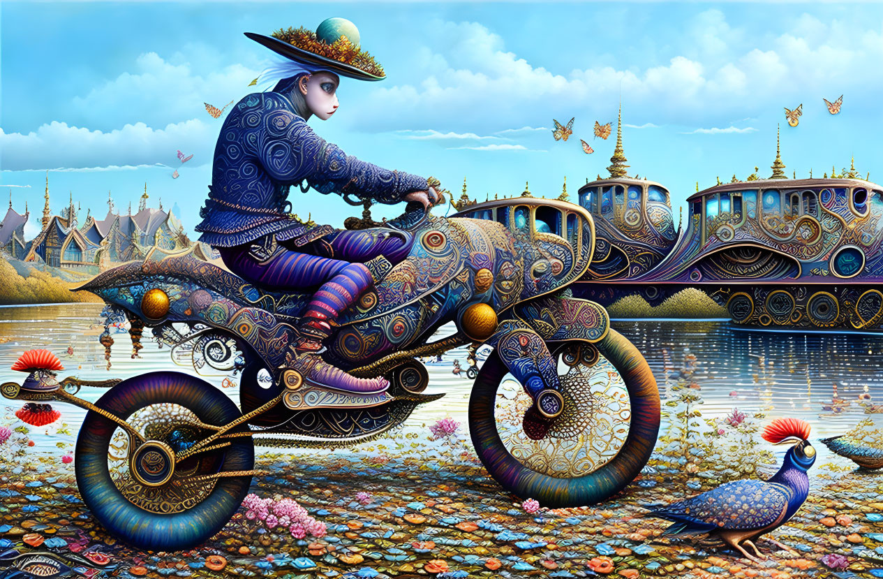 Surreal image of person on mechanical bike with peacocks and airships