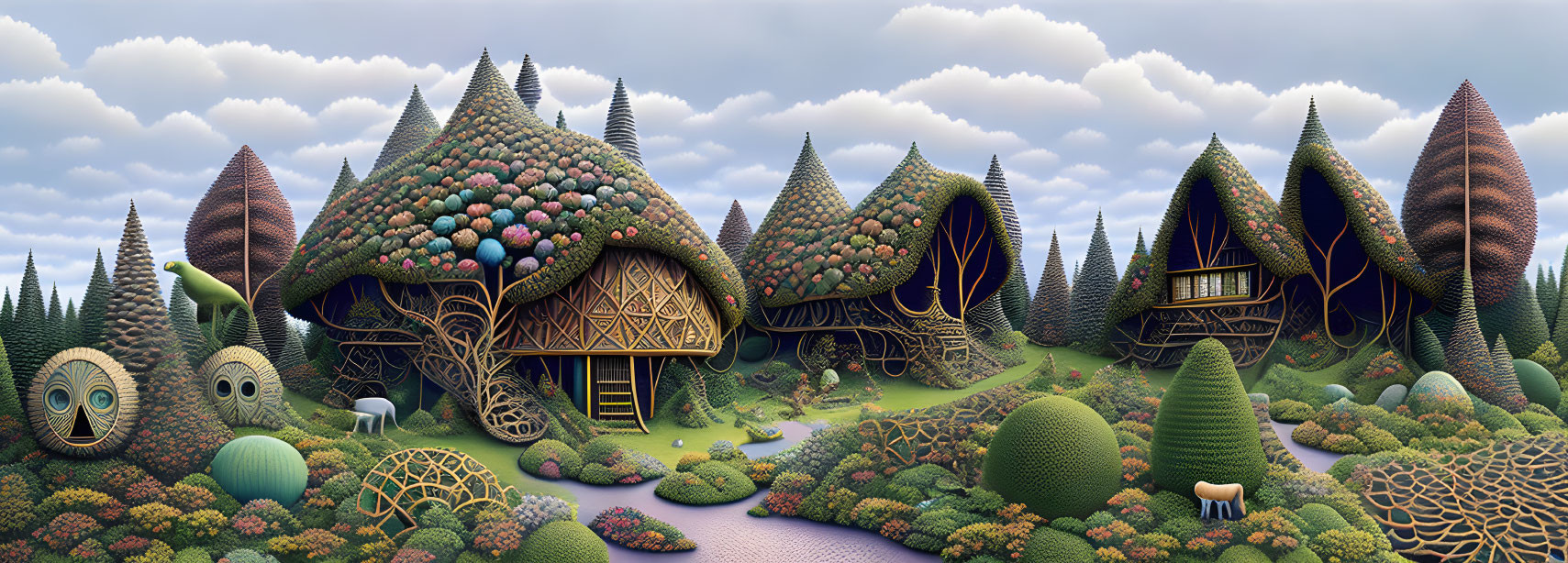 Colorful whimsical landscape with organic-shaped houses, quirky trees, and creatures under dusky sky