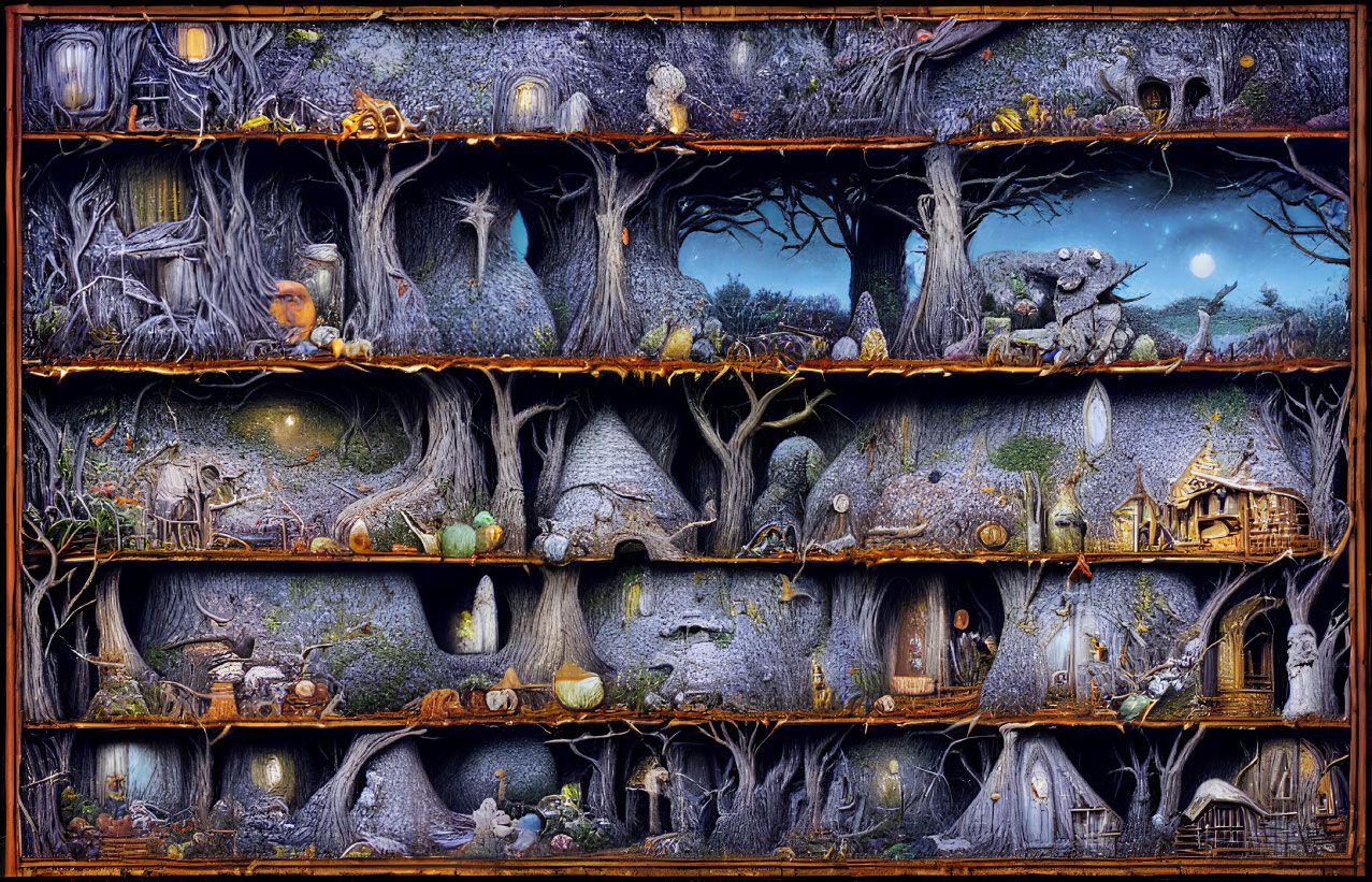 Fantastical woodland scenes with tree houses and creatures on shelves