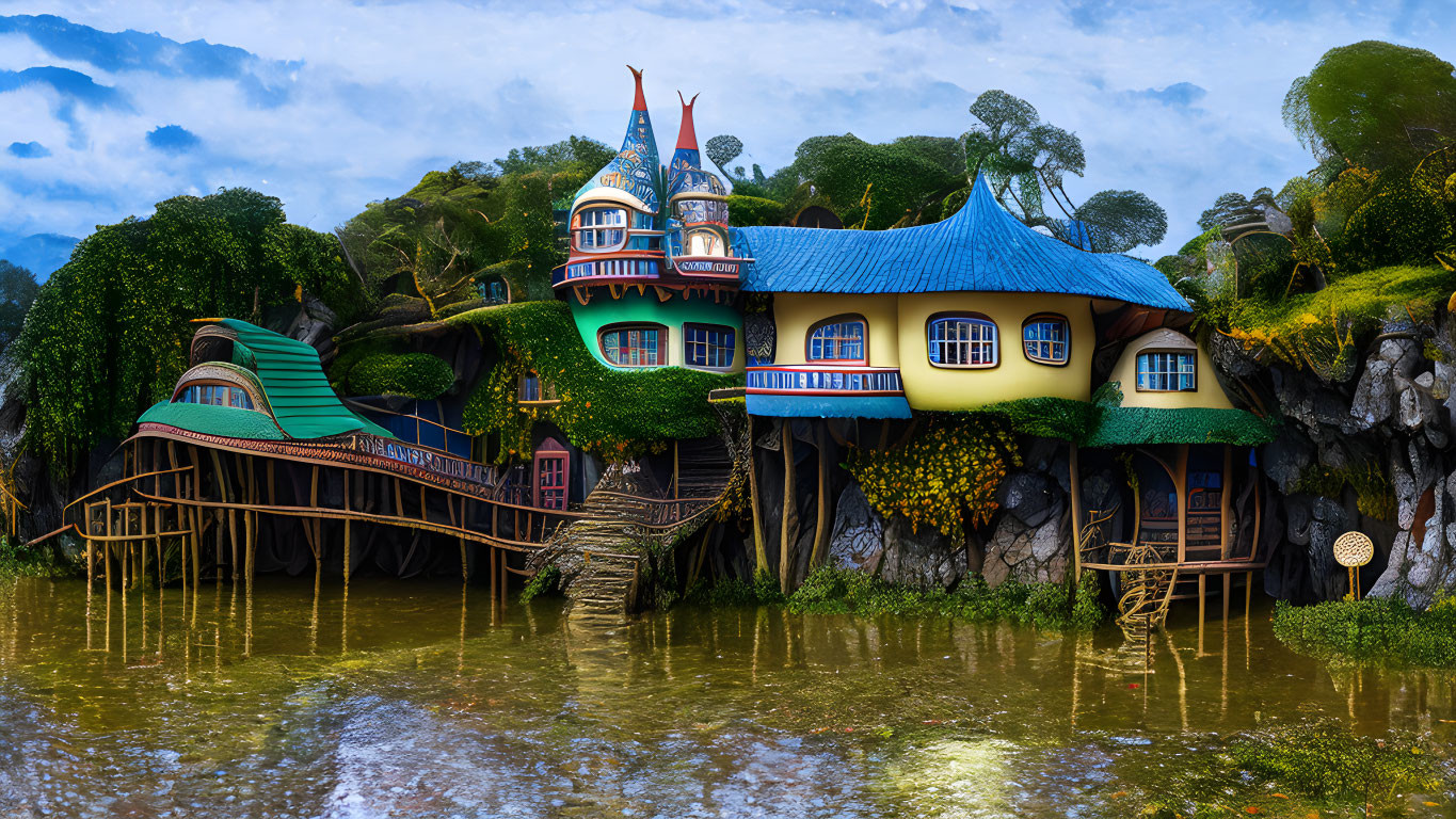 Colorful, Curved Roof Fantasy Houses in Lush Scenery