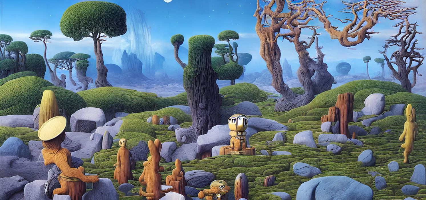 Stylized forest landscape with robot figure and mushroom-like wooden elements