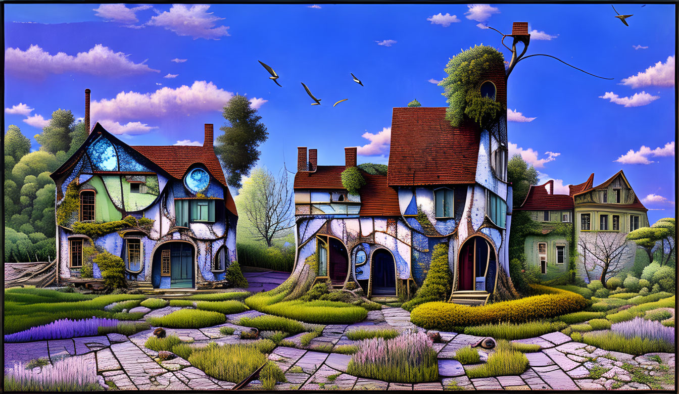 Whimsical fantasy landscape with vibrant houses and flying birds