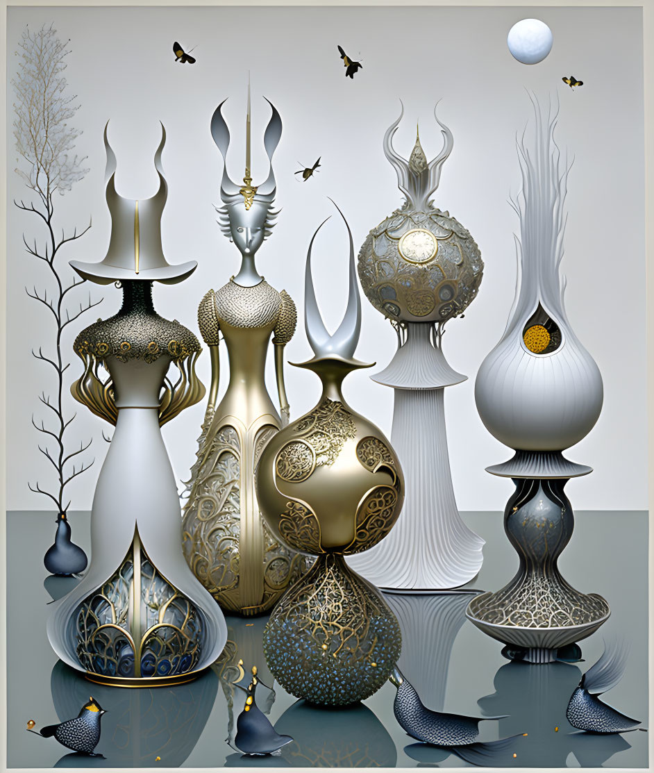 Intricate digital artwork: ornate vessel sculptures and peacocks in monochromatic palette with