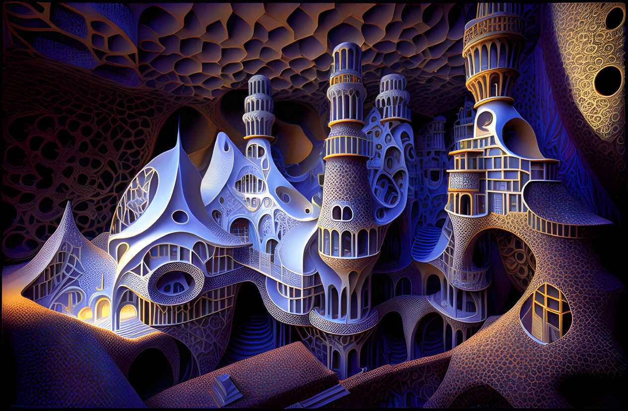 Fractal-inspired digital artwork: surreal architecture, intricate patterns, blue, yellow, black palette