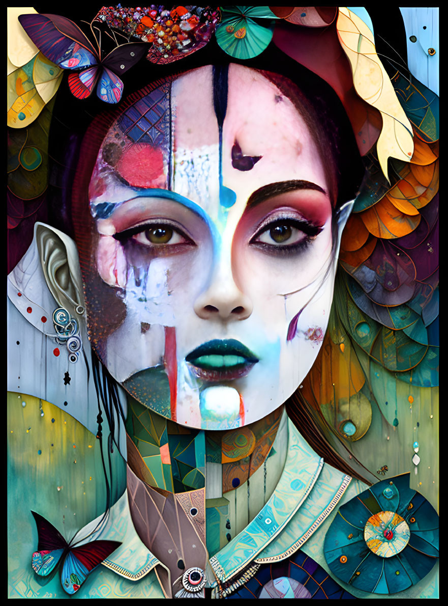 Multicolored portrait of a woman adorned with butterflies and ornate patterns