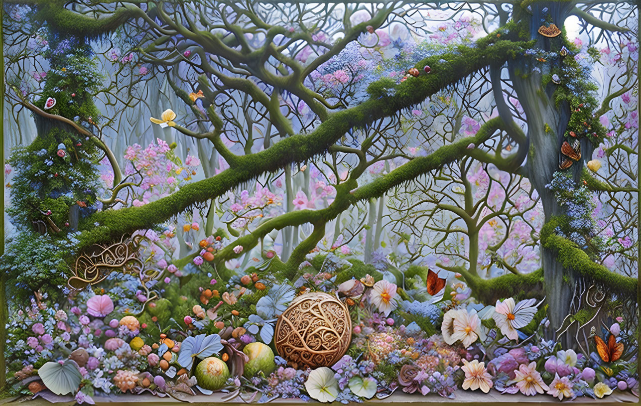 Enchanting forest with blooming flowers, butterflies, tree branches, and ornate eggs