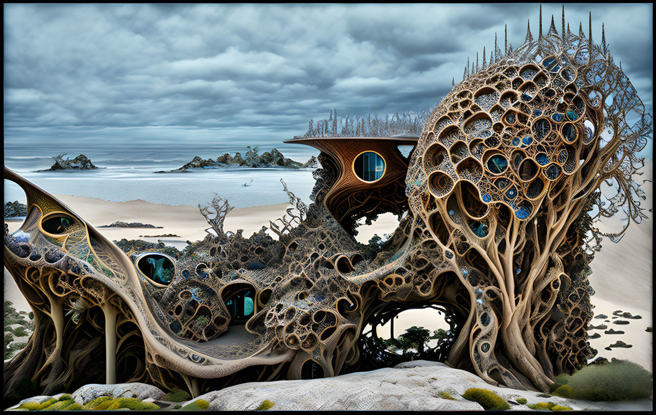 Intricate tree-like structures in fantasy coastal landscape