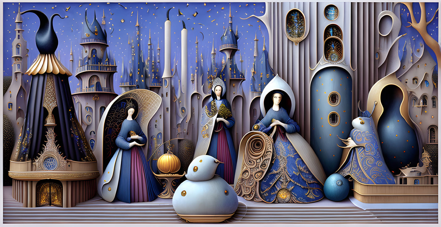 Stylized artwork of figures with architectural and celestial elements in blue tones