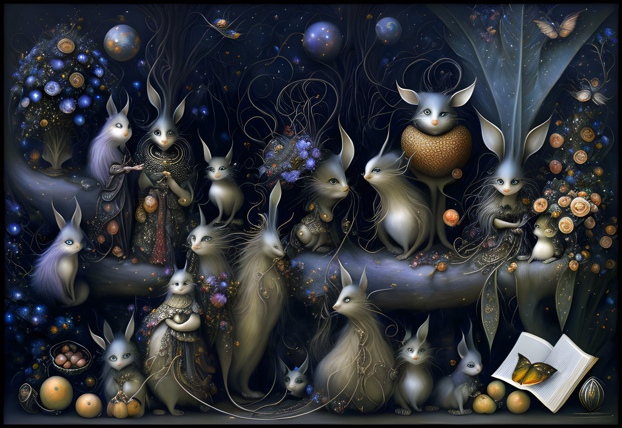 Anthropomorphic rabbits in mystical forest with orbs, florals, and magical book